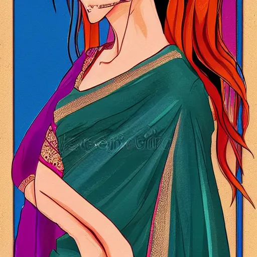 Prompt: illustration of a beautiful anime girl wearing saree