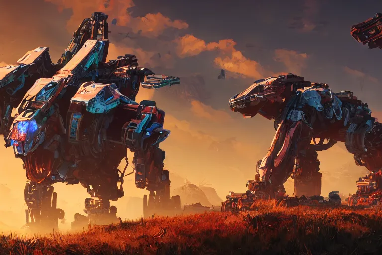 Image similar to scrapper machine mecanical creature robot of horizon forbidden west horizon zero dawn radiating a glowing aura global illumination ray tracing hdr fanart arstation by ian pesty and alena aenami artworks in 4 k