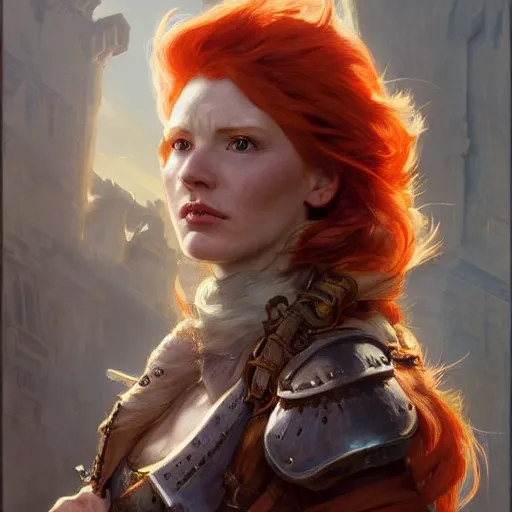 Prompt: closeup portrait of an artificer, dungeons and dragons character, dramatic lighting, female warrior, red hair, ginger hair, castle background, gorgeous view, realistic, high detail, digital art, painted by greg rutkowski, painted by jeremy mann, painted by alphonse mucha, trending on artstation