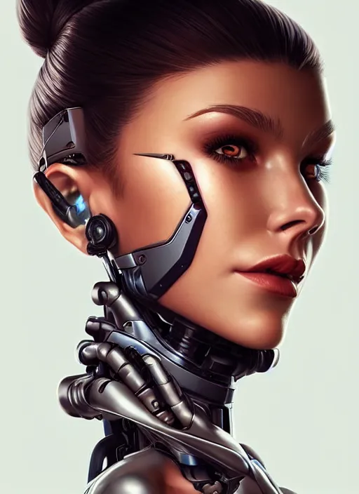 Image similar to portrait of a cyborg woman who turns her head to the right!! (((((left))))) (((((up))))) (((((down))))) by Artgerm,eyes closed , biomechanical, hyper detailled, trending on artstation