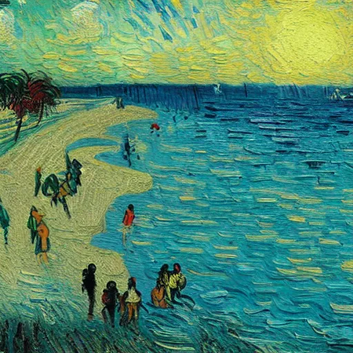 Image similar to a painting of a beautiful beach in Miami, trending on artstation, masterpiece, in the style of Vincent van Gogh