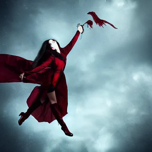 Image similar to a female vampire flying in a dark time, photomanipulation