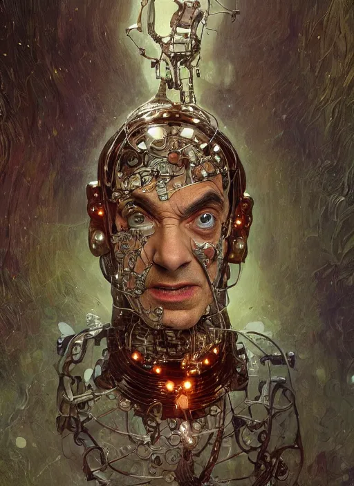 Prompt: mr bean as a organic cyborg, diffuse lighting, fantasy, intricate, elegant, highly detailed, lifelike, photorealistic, digital painting, artstation, illustration, concept art, smooth, sharp focus, art by john collier and albert aublet and krenz cushart and artem demura and alphonse mucha