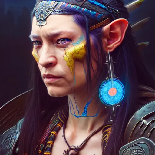 Image similar to portrait painting of a cyberpunk native american elven street samurai, ultra realistic, concept art, intricate details, eerie, highly detailed, photorealistic, octane render, 8 k, unreal engine. art by artgerm and greg rutkowski and charlie bowater and magali villeneuve and alphonse mucha