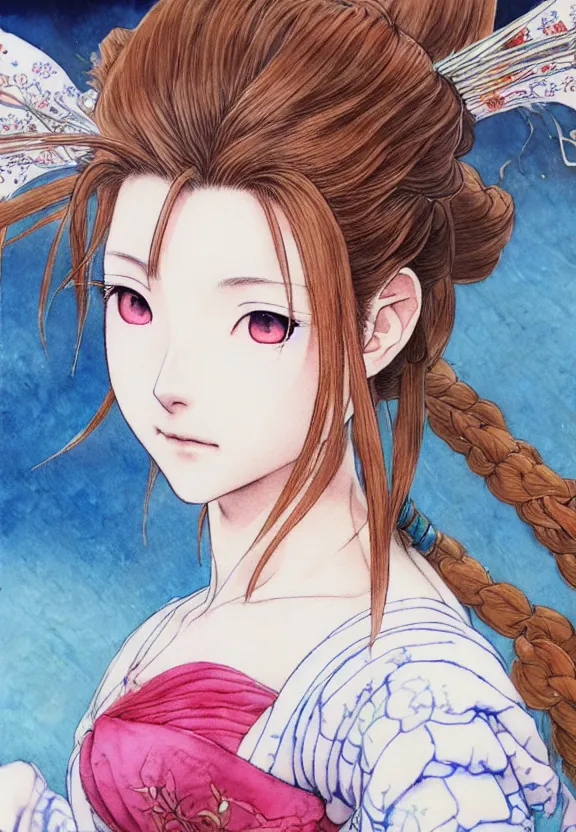 Image similar to a full-body watercolor painting of Aerith Gainsborough by Yoshitaka Amano, ukiyo-e, nouveau, concept art, 80's fantasy art, highly detailed, intricate, trending on artstation, award-winning