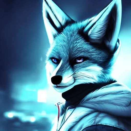 Prompt: anthropomorphic male blue fox furry fursona with handsome eyes, wearing a white hoodie, dramatic action movie poster, realistic hdr