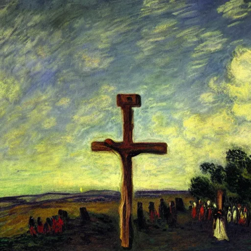 Image similar to painting of three empty 1st century crucifixion crosses on calvary hill, miraculous cloudy backdrop, by Monet, wallpaper, hd