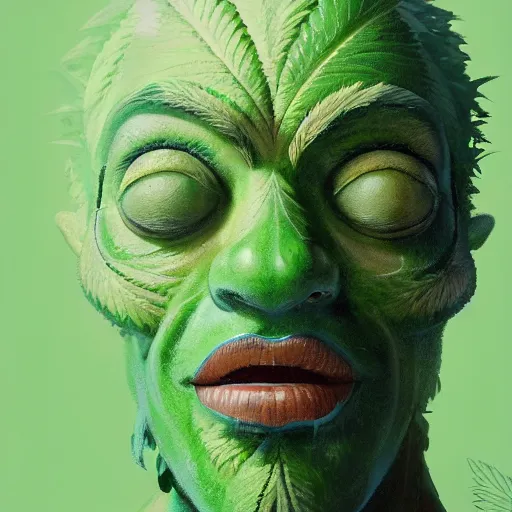 Image similar to a man made of hemp, with a head in the form of a cannabis bloom, man like smurf, green skin, character, art by james jean and greg rutkowski!!, realistic face, digital art,, golden ratio, perfect composition, trending on artstation, 8 k