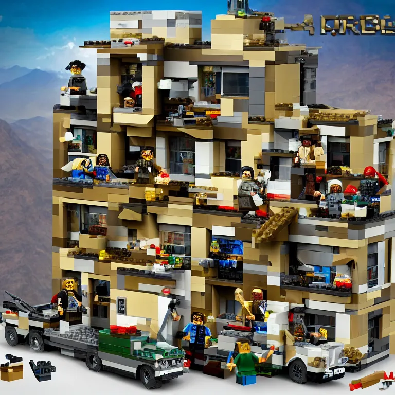 Image similar to fbi raid osama bin laden's final hideout in abbottabad, pakistan lego set product marketing, photorealistic, studio lighting, highly detailed