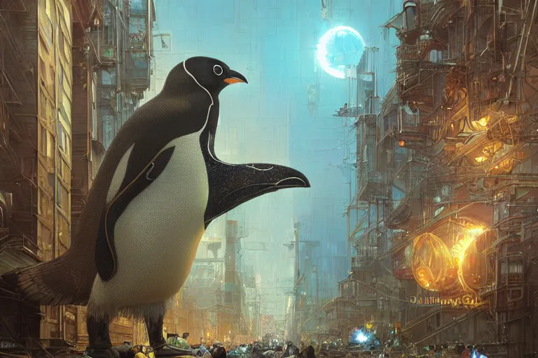 Image similar to A solarpunk very highly detailed Anthropomorphic cybertronic penguin with very highly detailed face on the street of a very highly detailed solarpunk sci-fi city digital rational painting art by Greg Rutkowski, sci-fi highly detailed, digital concept art, Dimensional cyan gold natural light, sharp focus, Golden Ratio illustration, realistic concept art by Stephen Hickman and James Gurney and Hiromasa Ogura Ghost in the Shell rendered in Octane Render, From the distance