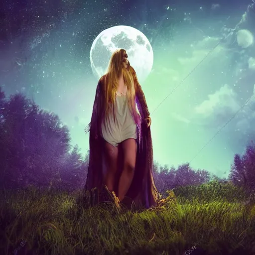 Prompt: mystical Druid woman under a full moon, nature, ambient lighting, art station, beautiful,