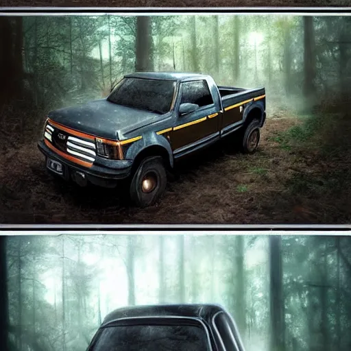 Prompt: a pickup truck in the woods, digital art by ruan jia and mandy jurgens and artgerm, highly detailed, trending on artstation, award winning