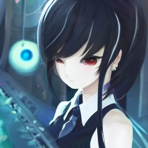 Image similar to luxury advertisement, astonishing portrait of a very beautiful anime schoolgirl with black bob hair in style of cytus and deemo, full perfect face, she is dancing, set in Half-life. Realistic, highly detailed background, artstation, 120 degree view, drawn by Sasoura, Satchely and Akihiko Yoshida, no distortion