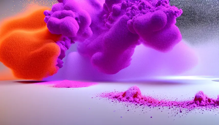 Image similar to extremely realistic color powder explosion on white floor, white background, 3 d, particles, sidefx, vfx