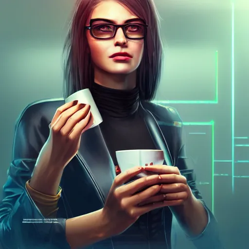 Image similar to portrait of a good-looking female software developer having a cup of coffee. cyberpunk style, digital art artstation cgsociety