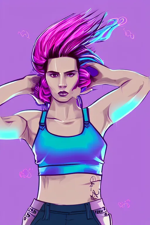 Image similar to a award winning half body porttrait of a beautiful woman in a croptop and cargo pants with ombre purple pink teal hairstyle with head in motion and hair flying, outrun, vaporware, shaded flat illustration, digital art, trending on artstation, highly detailed, fine detail, intricate