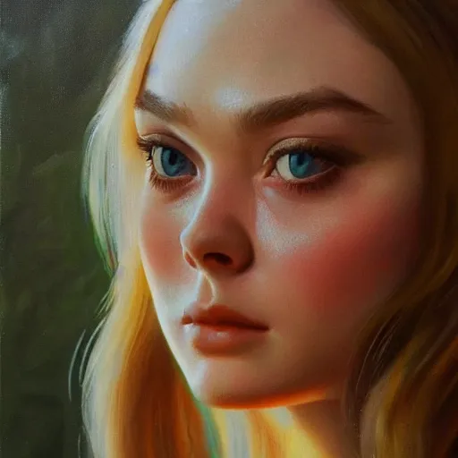 Prompt: ultra realistic portrait painting of elle fanning, art by frank frazetta, 4 k, ultra realistic, highly detailed, epic lighting