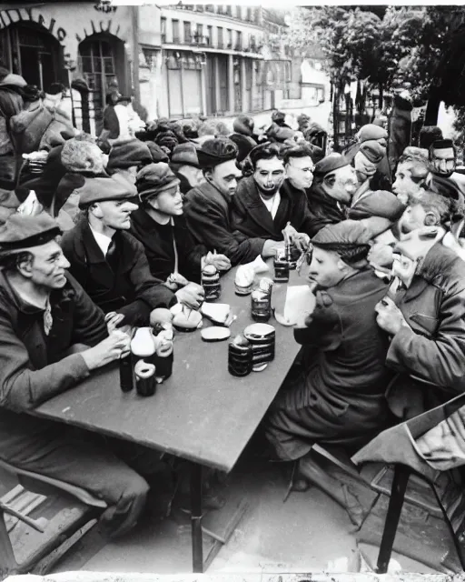 Prompt: black and white photo, french partisans meeting at an outdoor cafe, paris, 1941, cdx