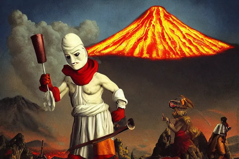 Image similar to a highly detailed pulcinella!!! from naples with pizza!! in the foreground, volcano in the background with smoke, blazing fire and glowing lava, full body, wide angle, an ultrafine detailed painting by odd nerdrum, post - apocalyptic vibe, trending on deviantart, whimsical, lowbrow, coherent, sharp focus, octane, masterpiece