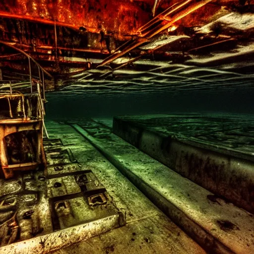 Image similar to an underwater photograph of a rusty complex underwater structure, submechanophobia, eerie, creepy, surreal, dark, void,