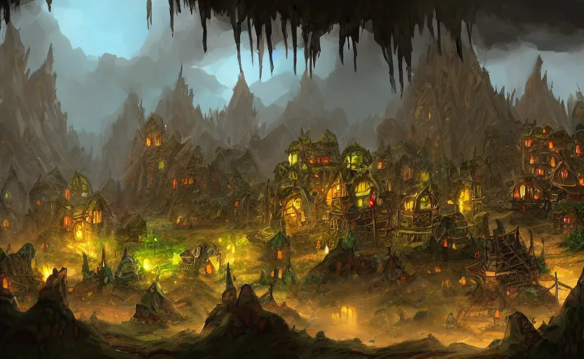 Image similar to A goblin village, mining, 4k UHD, landscape, concept art