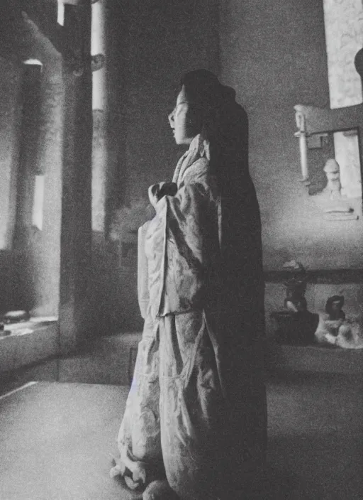 Image similar to old vintage photo of godly Chinese ancient sentiel standing in the ancient temple during ritual, big space suit in the back, symmetrical face, big eyes and lips, looking at camera, subtle makeup, clean face and body skin,ecstatic expression,volumetric lights,depth of field, lens flares, dust in the air, moody lighting, intricate, elegant, highly detailed, centered, smooth, sharp focus, Donato Giancola, Joseph Christian Leyendecker, WLOP, Boris Vallejo, Artgerm moody photography, old photo, black and white, sepia, cinematic lighting, cinematic angle, national geographic