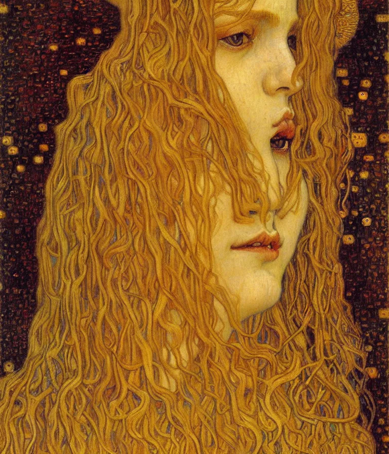 Image similar to detailed realistic beautiful young medieval queen face portrait by jean delville, gustav klimt and vincent van gogh, art nouveau, symbolist, visionary, gothic, pre - raphaelite, muted earthy colors, desaturated