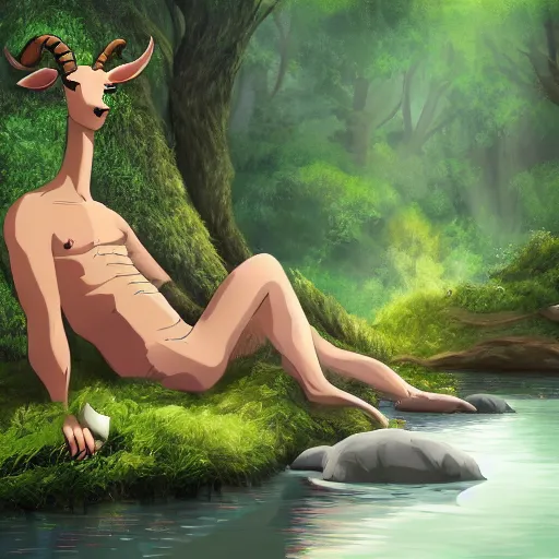 Prompt: a rough digital painting of a centaur with furry goat legs lounging next to a river with a finger in the water in the forest, digital painting, fantasy, studio ghibli environment, overhead canopy
