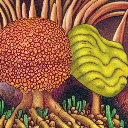 Prompt: the spore-bearing fruiting body of a fungus, typically in the form of a rounded multicolor cap on a relief stalk, especially one that is believed to be inedible or poisonous, fantasy art
