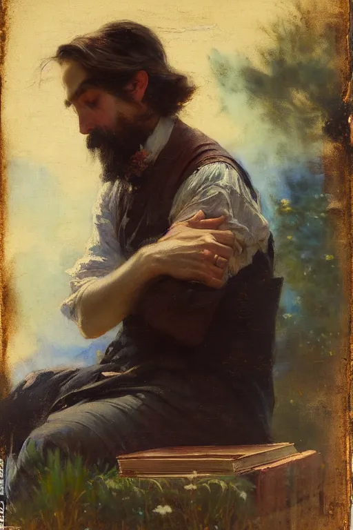 Image similar to soft colorsphotograph imax and solomon joseph solomon and richard schmid and jeremy lipking victorian loose genre loose painting full stack of books