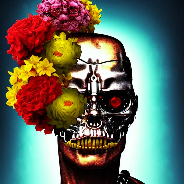 Image similar to bizarre surreal renaissance portrait of the terminator with a a flower afro made out of various flowers, eating flowers, dramatic cinematic lighting, bold colors, 8 k, beautiful intricate painting, hyper realistic, octane render