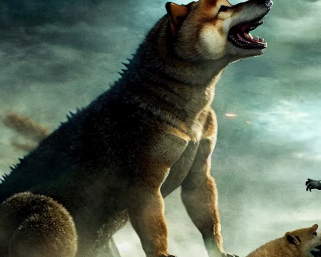 Image similar to godzilla as a shiba inu in a Godzilla: King of the Monsters still film directed by Christopher Nolan, shooting beams from its mouth and toppling over cities, epic action scene