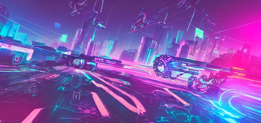 Image similar to cyberpunk, synthwave, vaporware aesthetics, retrowave, flat shading, neon, highly detailed aerial digital art of a tron cyberbike race, drone shot, cell - shaded