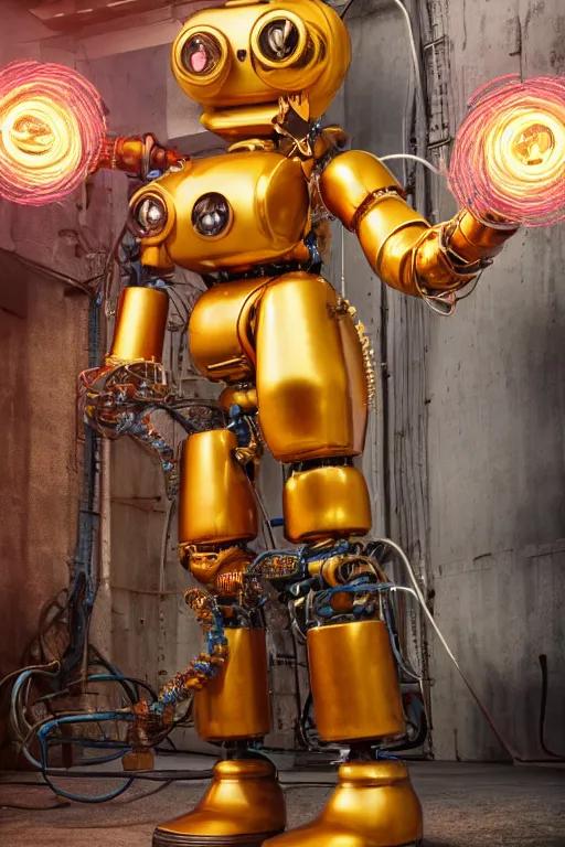 Image similar to portrait photo of a giant huge golden and blue metal humanoid steampunk robot vaccuum cleaner, with gears and tubes, in the hand are mop and bucket, eyes are glowing red lightbulbs, shiny crisp finish, 3 d render, 8 k, insaneley detailed, fluorescent colors, background is multicolored lasershow