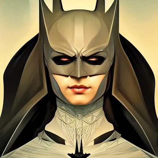 Image similar to symmetry portrait of batman, intricate, elegant, highly detailed, digital painting, artstation, concept art, smooth, sharp focus, illustration, art by artgerm and greg rutkowski and alphonse mucha