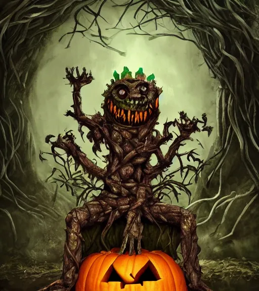 Prompt: a horrifying monster with a pumpkin head wearing a king's robe, limbs made from vines, by tim burton, sitting on a stone throne, detailed game art illustration, creepy carved expression, creepy lighting, dynamic pose, 4 k artstation, masterpiece
