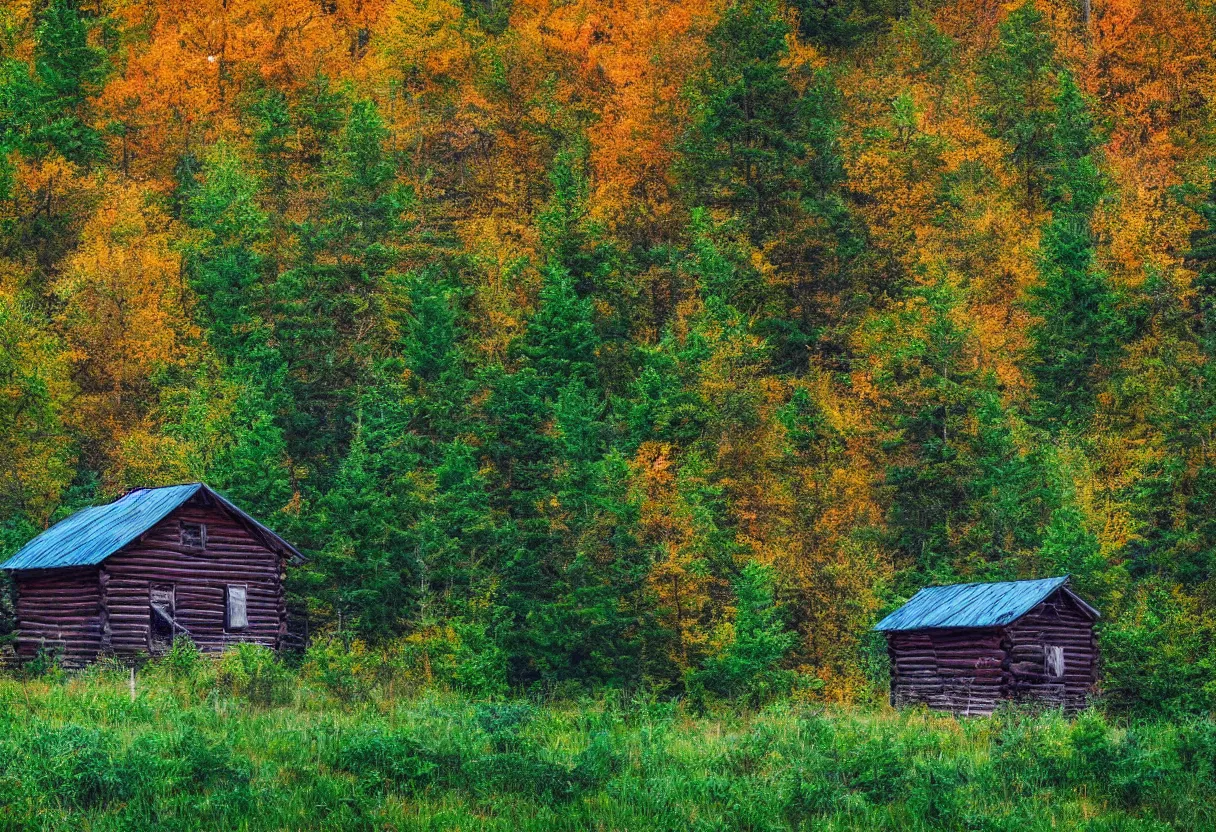 Image similar to old cabin in a forest 4k autumn cinematic low angle trees lonely clear view logs overgrown pasture green blue tones