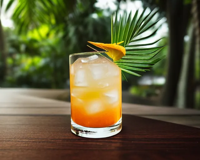 Prompt: 5 5 mm photo of best cocktail on a wooden table. dof. bokeh. magical atmosphere with tropical leaves and trees. art by greg rutkowski. highly detailed 8 k. intricate. lifelike. soft light. nikon d 8 5 0.