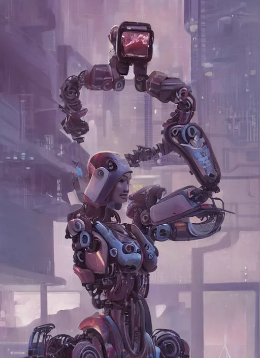 Prompt: An epic fantastic realism graphic novel cover style painting of a beautiful girl, riding on the shoulders, of a robot with four arms, robotics, short pigtails hair, cyberpunk, Concept world Art, ultrarealistic, hyperrealistic, dynamic lighting by Paolo Eleuteri Serpieri