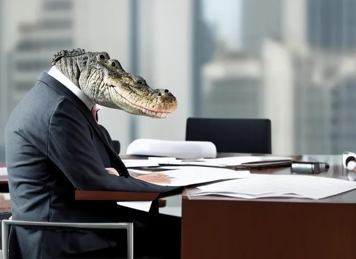 Prompt: photo of a crocodile in a suit and glasses, reading a document at a desk in an office. Highly detailed 8k. Intricate. Sony a7r iv 55mm. Stock photo.