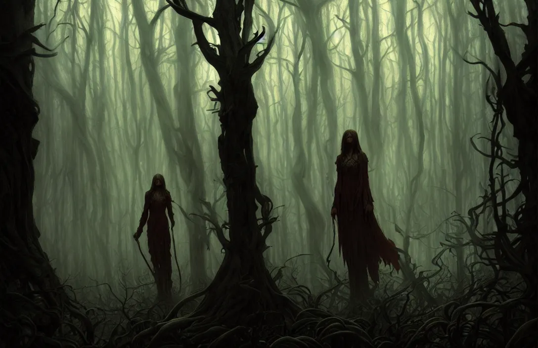 Image similar to shadow people inside a dark horror forest, heroic lighting, folklore, intricate, highly detailed, lifelike, photorealistic, digital painting, artstation, illustration, concept art, smooth, sharp focus, art by John Collier and Albert Aublet and Krenz Cushart and Artem Demura and Alphonse Mucha