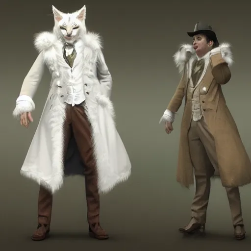 Image similar to white anthropomorphic lynx cat in victorian white man suit and white fur coat, full body by craig mullins and noriyoshi ohrai, unreal engine character, furry art, steampunk fantasy style, 4 k, trending on artstation