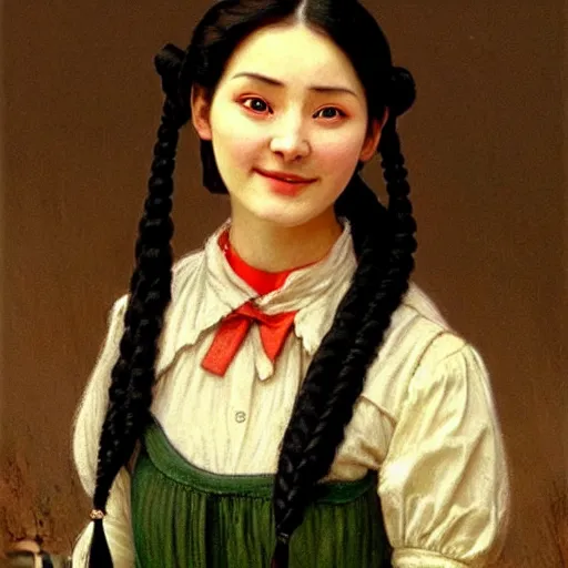 Prompt: a ((sadly)) (((smiling)))) black haired, young hungarian servantmaid from the 19th century who looks very similar to (((Lee Young Ae))) with a two french braids, detailed, soft focus, pastel colours, law colours, realistic oil painting by Ferenczy Károly, John Everett Millais, Munkácsy, Csók István, and da Vinci