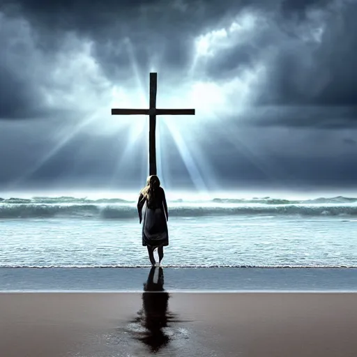 Prompt: a highly detailed portrait of a large cross standing on the beach as a storm comes in with the tide, a beautiful blonde woman sitting in the sand watching the ocean, epic fantasy, god rays, rocky beach, aerial photography, volumetric lighting, octane render, exquisite detail, 8 k, art by norman rockwell and albert bierstadt