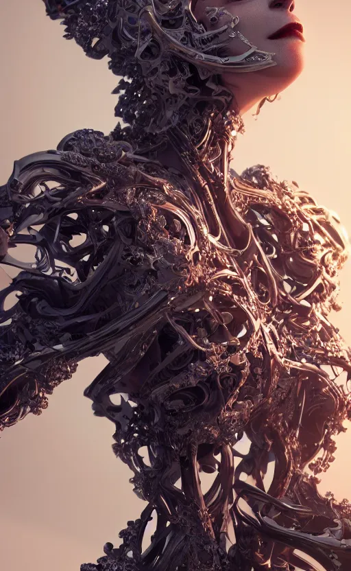 Prompt: beautiful impish biomechanical incredible technological hair, masterpiece crystalline incrustations, hyperdetailed face, elegant pose, movie still, intricate, octane render, cinematic lighting, cgsociety, unreal engine,