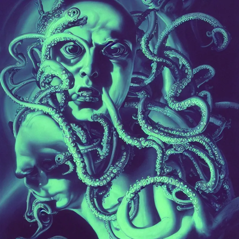 Prompt: a baroque neoclassicist close - up portrait of a colorful retrofuturistic blacklight uv silhouette of an alien man with tentacles, glowing fog in the background. renaissance portrait painting. highly detailed science fiction painting by norman rockwell, frank frazetta, and syd mead. rich colors, high contrast, gloomy atmosphere, dark background. trending on artstation.