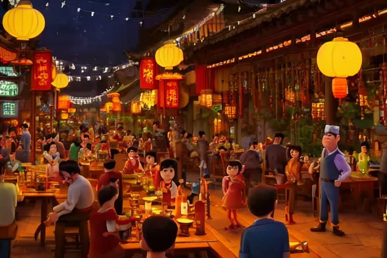 Image similar to a still from a pixar movie of a bustling tavern in china, at night