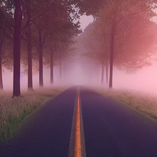 Prompt: octane render of a lonely road in the middle of the forest with fog
