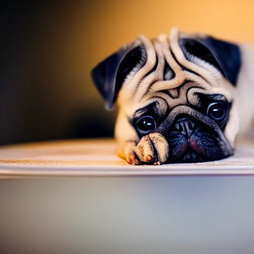 Image similar to 8k photograph of a miniature Pug at a table near a smartphone