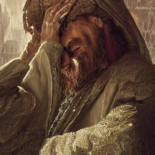 Image similar to highly detailed picture of a man with holes in his robes, religious man wearing clothes with huge rips, destroyed clothes, medieval background, mystic, d & d, fantasy, intricate, elegant, highly detailed, digital painting, artstation, concept art, smooth, sharp focus, illustration, art by artgerm and greg rutkowski and alphonse mucha